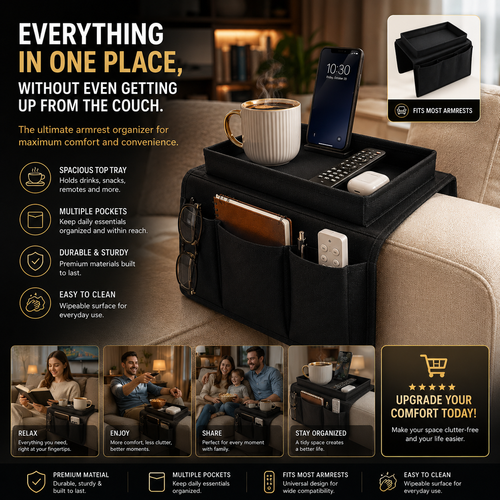 Sofa Armrest Organizer Everything In One Place, Without Even Getting Up Frome Tthe Couch.
